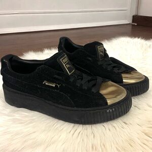 PUMA Suede Platform Sneakers Black with Gold Toe Tip